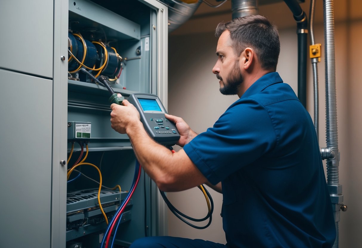 A technician using specialized equipment to inspect HVAC system for leaks in a dimly lit mechanical room