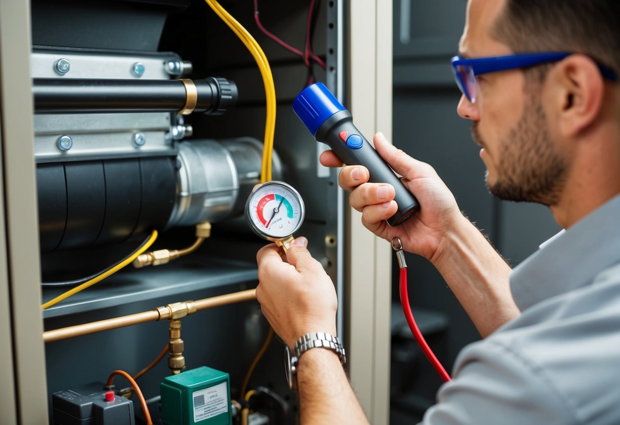 A technician using a flashlight and a pressure gauge to check for leaks in an HVAC system