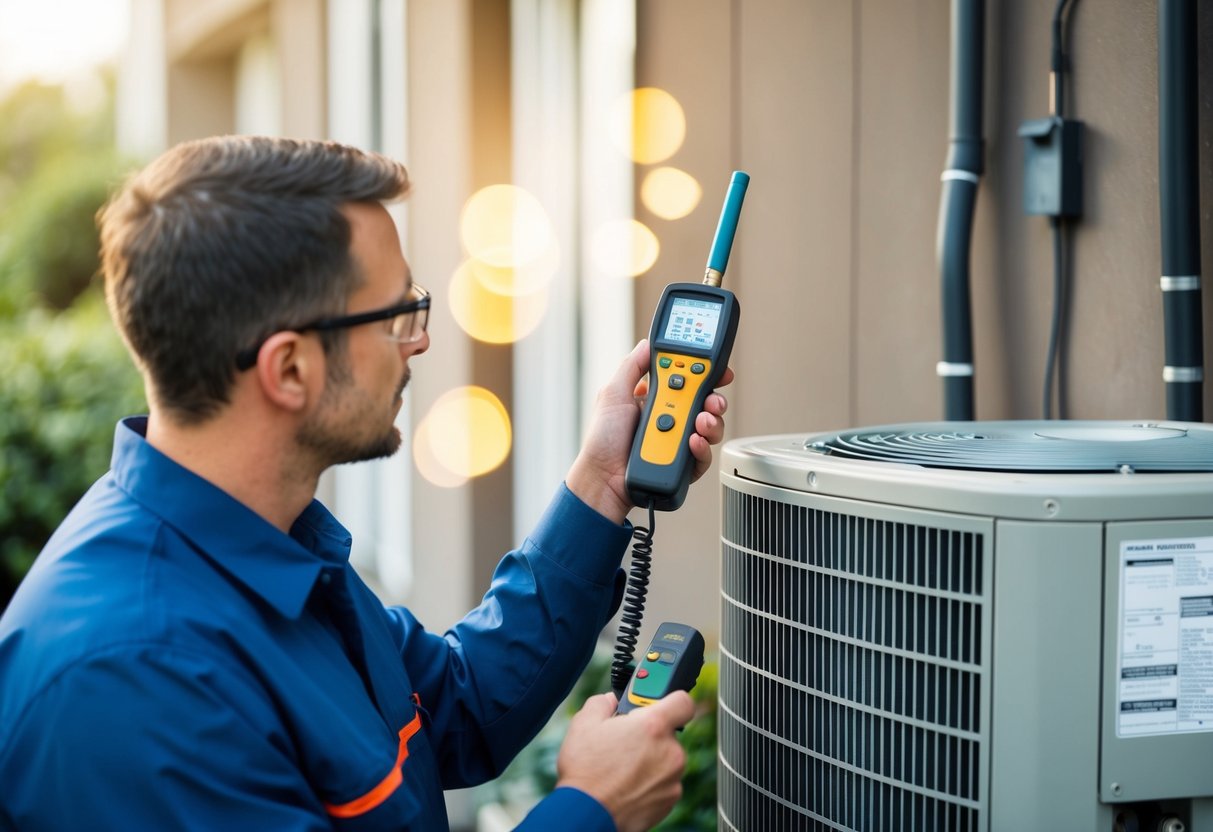 A technician using a handheld electronic leak detector to inspect an air conditioning unit for Freon leaks