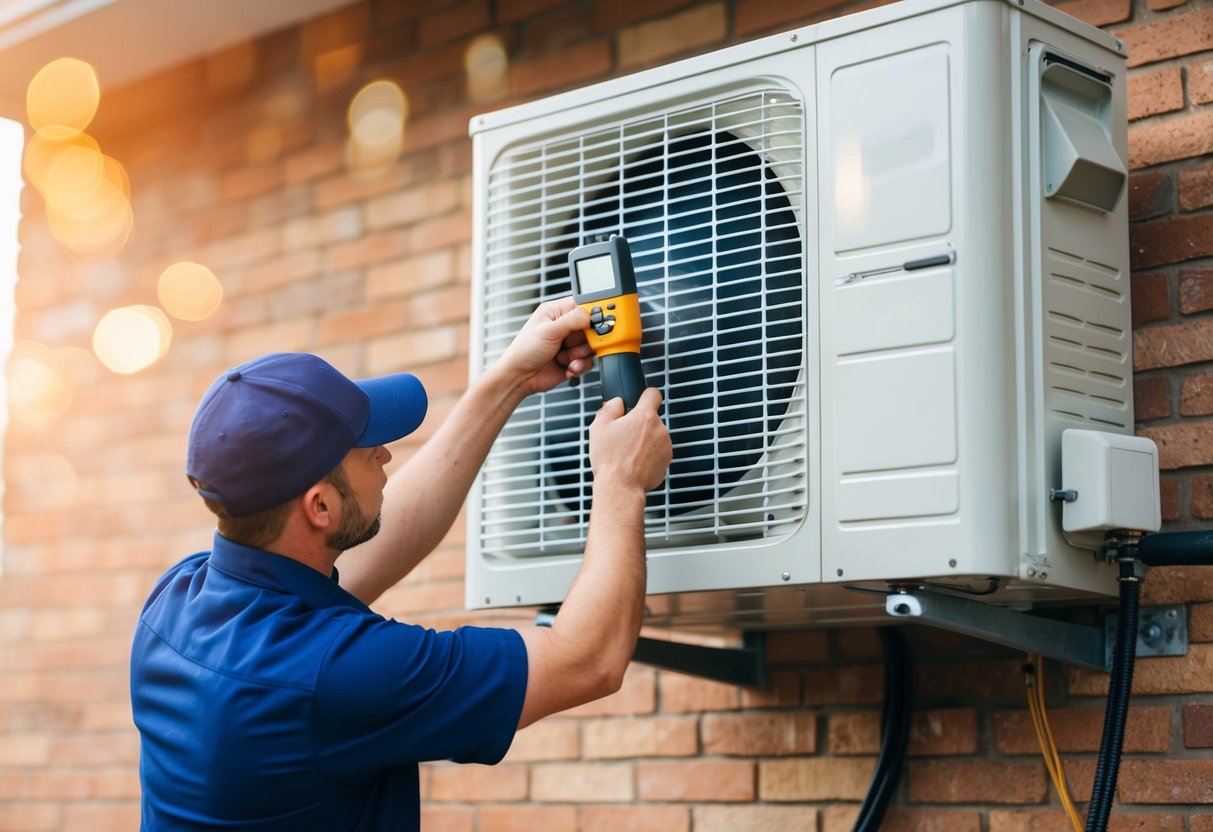 A technician using a leak detection tool to inspect an air conditioning system for Freon leaks