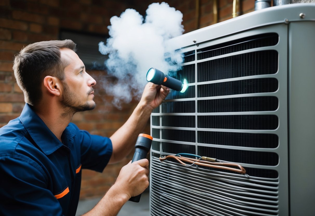 A technician inspecting an AC unit with a flashlight, examining the coils and tubing for signs of leakage. A cloud of gas escaping from a damaged section