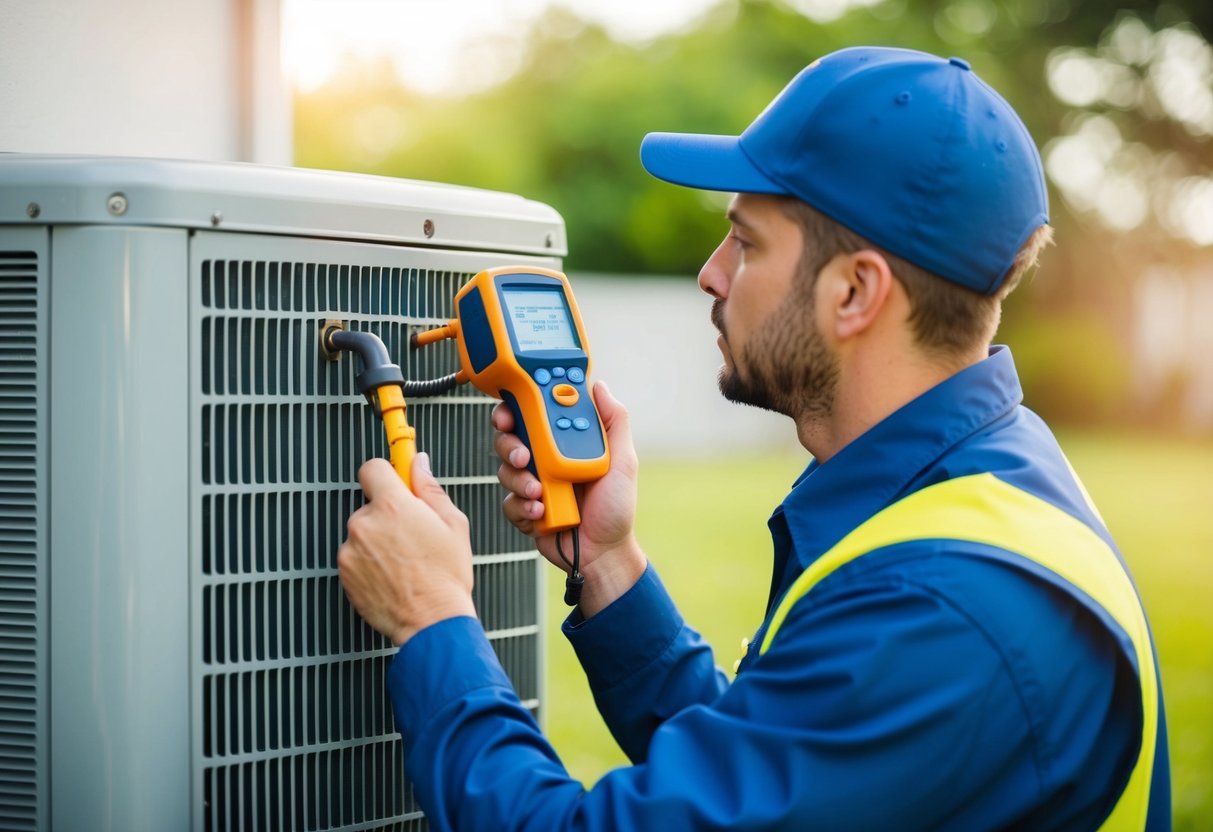 A technician using a leak detector to inspect an AC unit for signs of Freon leakage