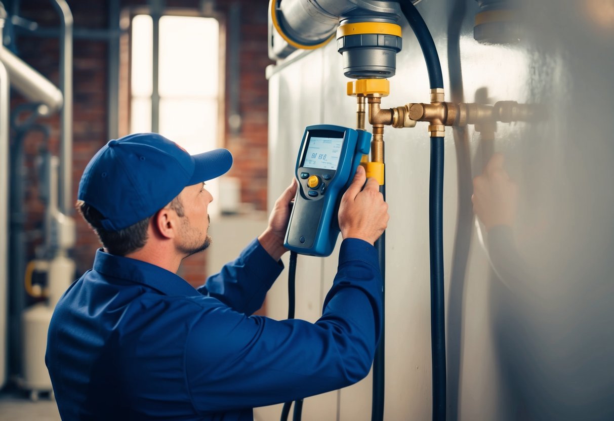 A technician using a leak detection device to pinpoint a freon leak in an industrial refrigeration system