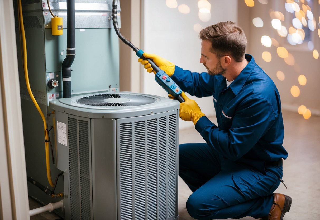 A technician using a leak detection tool to inspect an air conditioning unit for Freon leaks in a residential basement