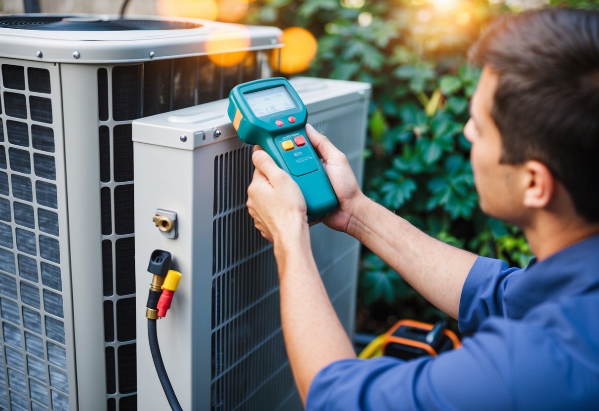 A person using a detector to check for Freon leaks in an air conditioning unit, with tools and equipment nearby