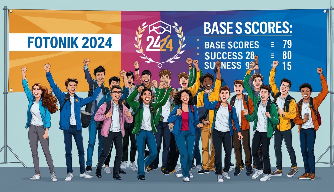 Fotonik 2024 temel puanları ve başarı sıralamalarını gösteren büyük bir pankartın önünde kutlayan ve tezahürat yapan bir grup öğrenci.