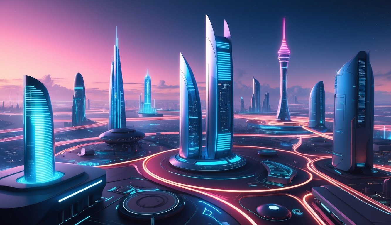 Parlak neon ışıkları ve şık, modern mimarisiyle geleceğe ait bir şehir manzarası, gelişmiş teknoloji ve yeniliği sergiliyor.
