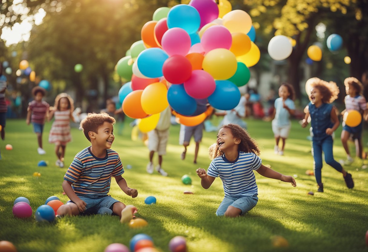 Um grupo de crianças brincando em um parque colorido, cercado por balões, brinquedos e adultos sorridentes.