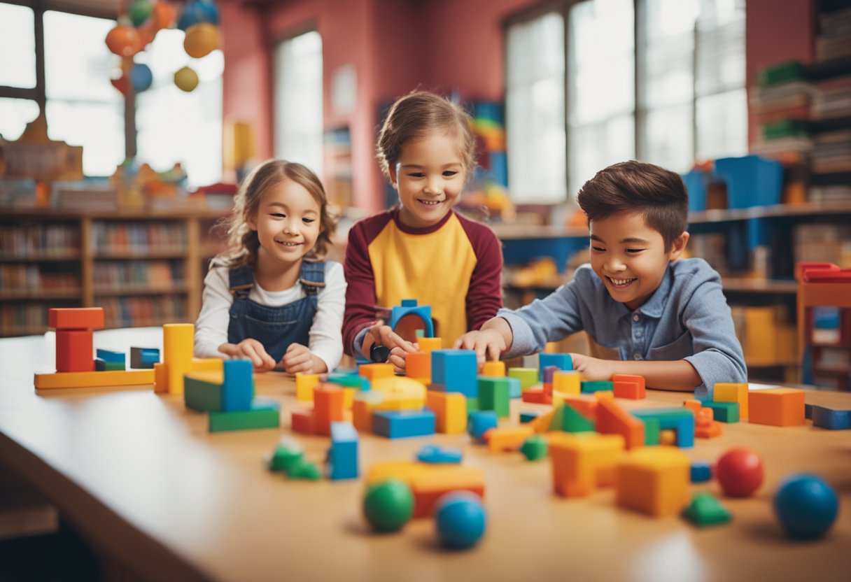 Um grupo de crianças aprendendo e brincando juntas em um ambiente educacional colorido e vibrante, cercado por livros, brinquedos e materiais educativos.