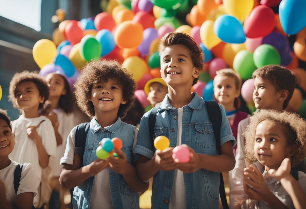 Um grupo de crianças fazendo perguntas ansiosamente enquanto está cercado por balões coloridos e brinquedos.