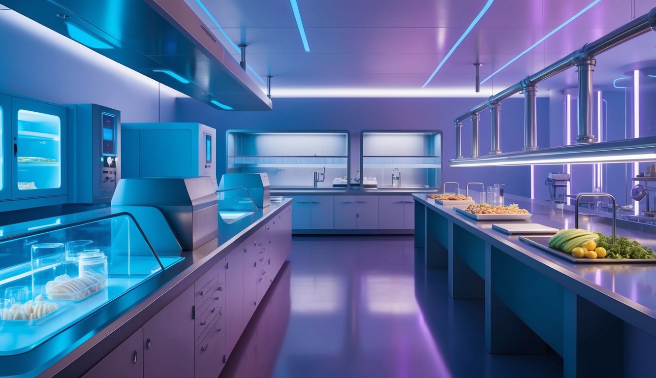 Gelişmiş ekipman ve makinelerle donatılmış, yumuşak mavi ve mor ışıklarla aydınlatılmış, geleceğe yönelik bir gıda teknolojisi laboratuvarı