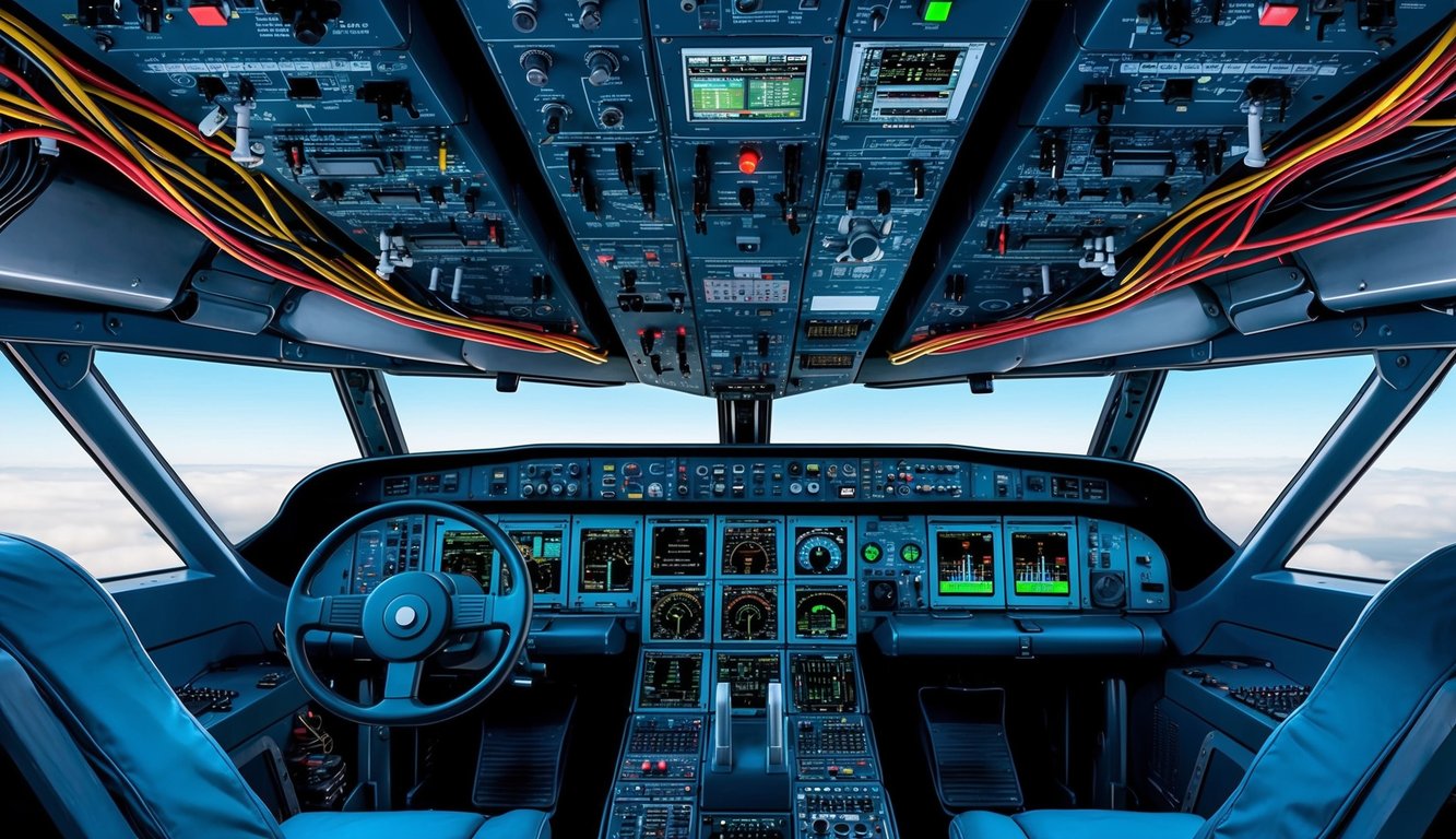Elektronik kontrol panelleri ve aletlerle dolu bir kokpit, uçağın iç kısmında uzanan teller ve kablolarla birlikte.
