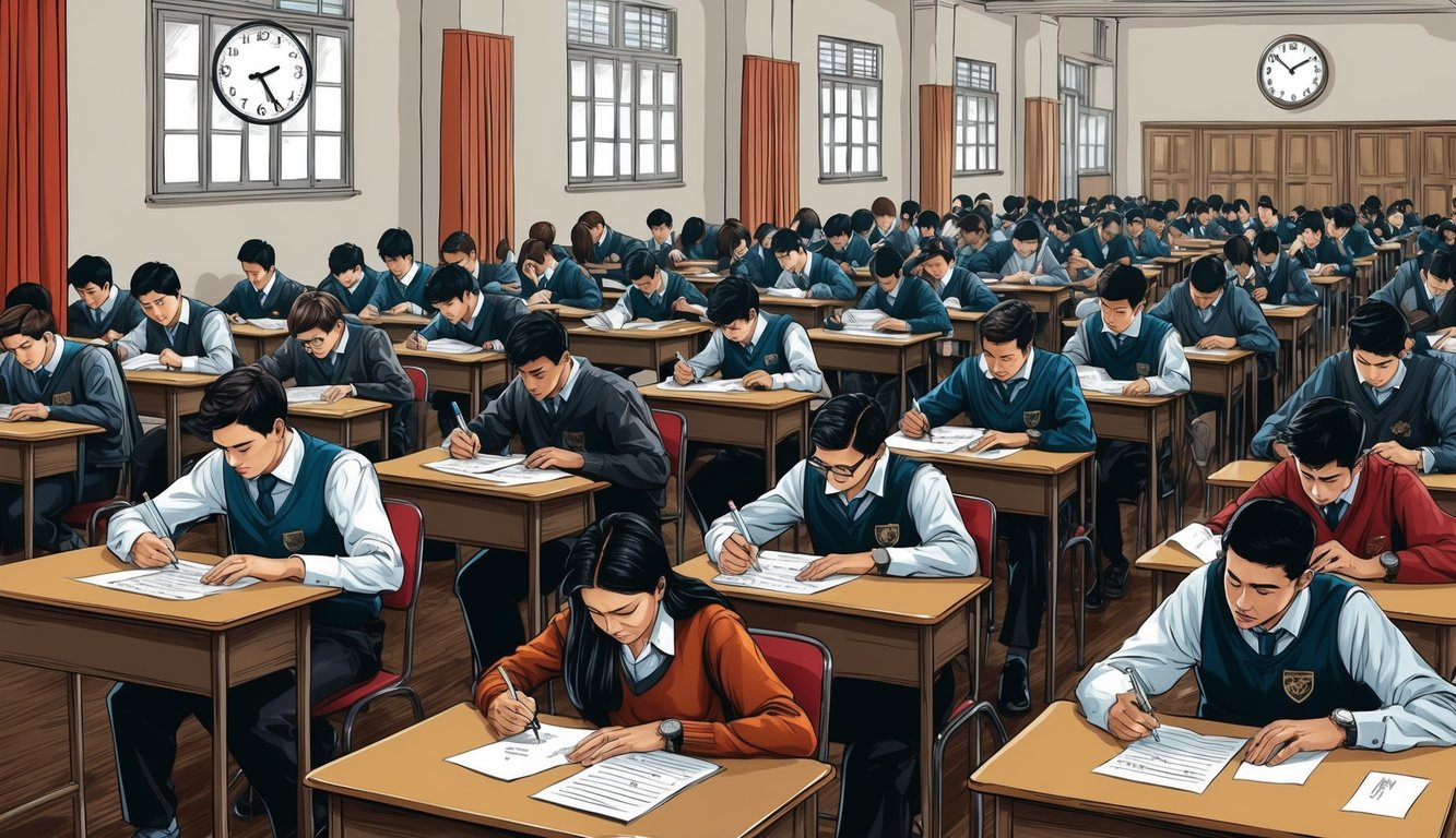 Öğrencilerin masalarda oturduğu, cevap kağıtlarını doldurduğu kalabalık bir sınav salonu. Duvardaki bir saat zamanı gösteriyor.