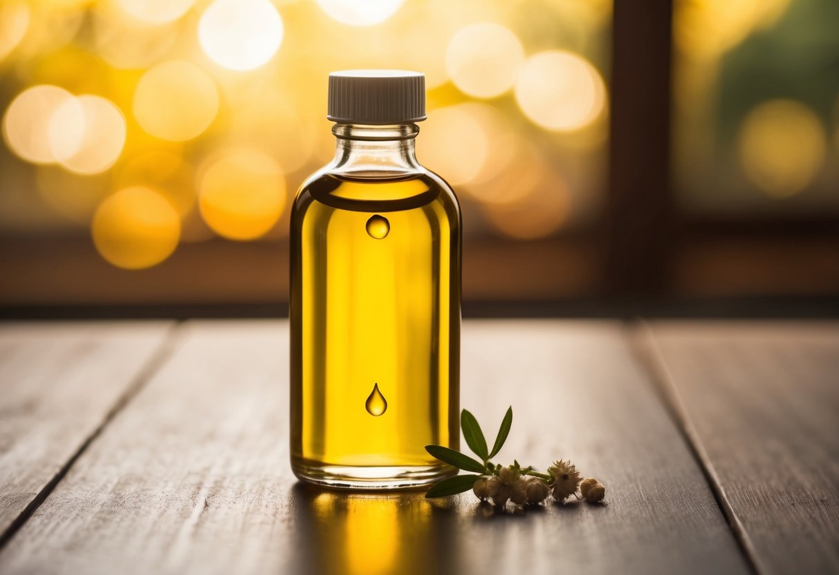 A bottle of batana oil sits on a wooden table, with a few drops of the oil glistening on the surface of the skin