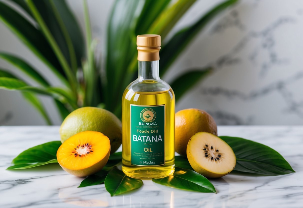 A glass bottle of batana oil sits on a marble countertop, surrounded by fresh tropical fruits and green leaves