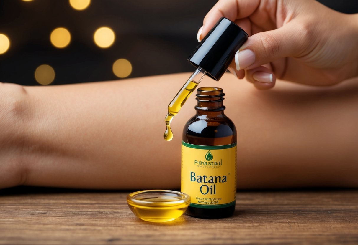 A bottle of batana oil sits on a wooden surface, with a few drops being applied to a smooth, unblemished skin