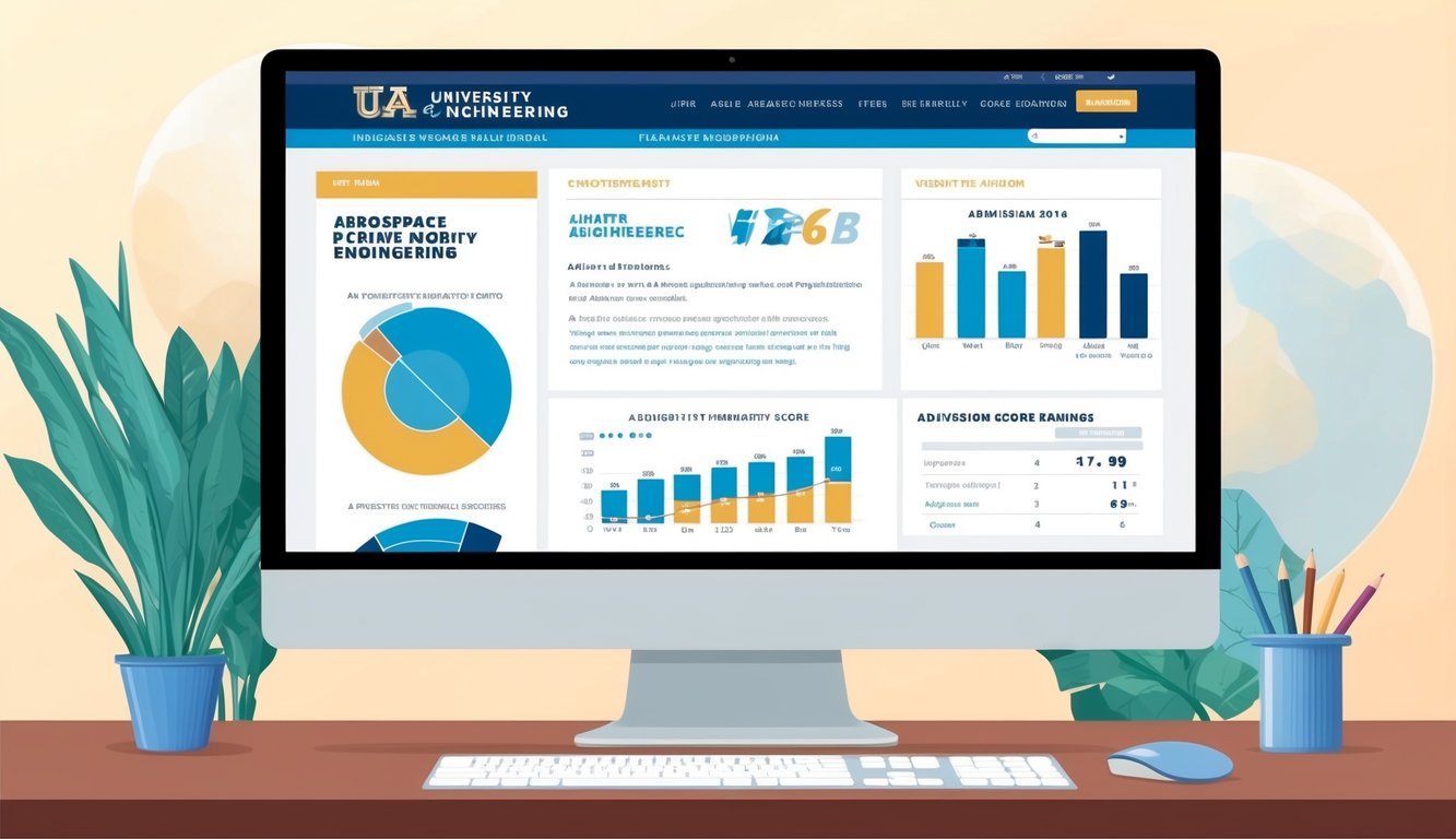 Havacılık mühendisliği için üniversite program bilgilerini gösteren bir web sitesini görüntüleyen bir bilgisayar ekranı, kabul puanları ve sıralamaları gösteren grafikler ve tablolar ile.