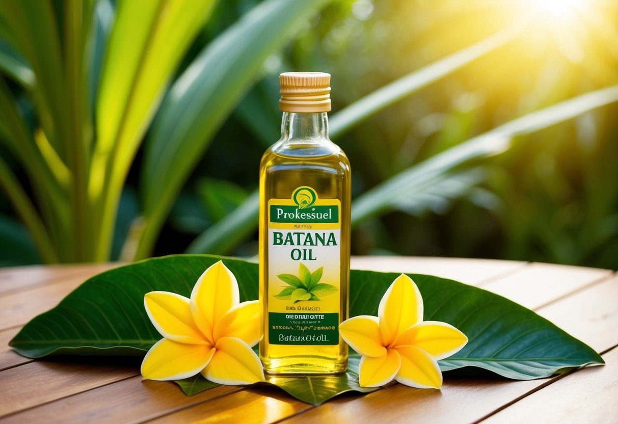 A bottle of batana oil sits on a wooden table, surrounded by tropical leaves and flowers. The sunlight highlights the rich, golden color of the oil