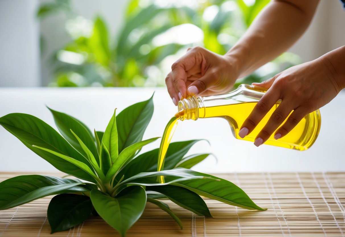 A woman's hand pouring batana oil onto a lush green plant