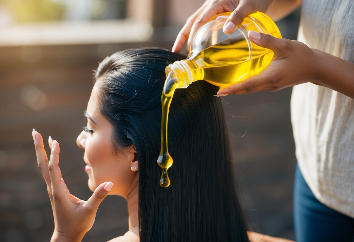 A woman pours batana oil onto her hair, massaging it in with her fingers. The oil glistens in the sunlight, nourishing her black hair