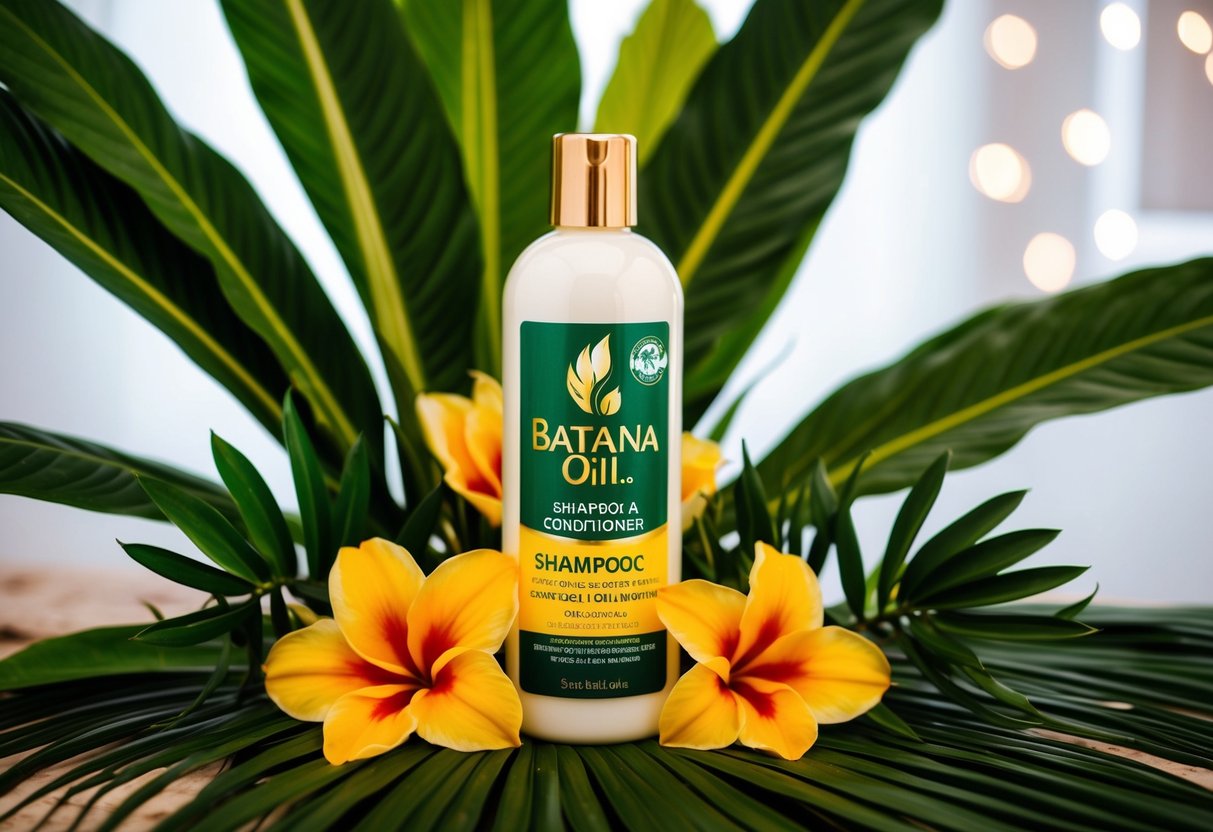 A bottle of Batana oil shampoo and conditioner, surrounded by tropical leaves and flowers, with the product's logo prominently displayed