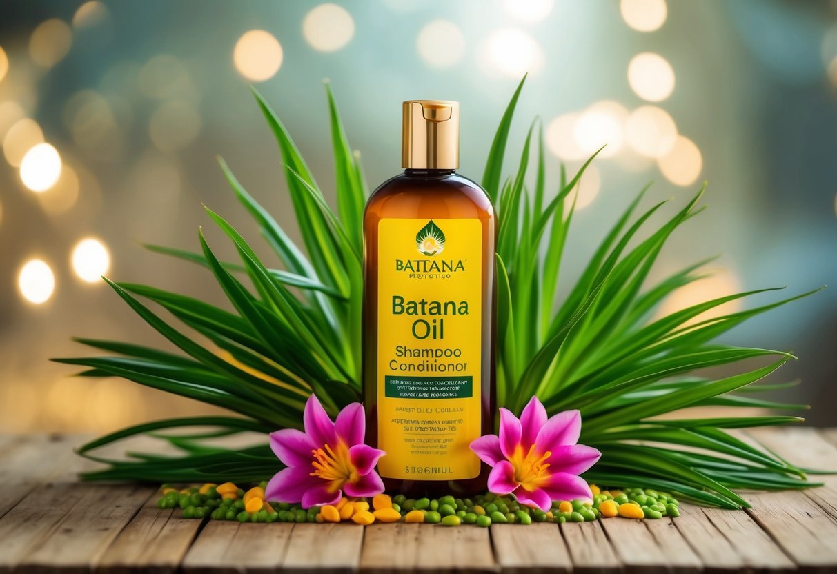 A bottle of batana oil shampoo and conditioner surrounded by lush, healthy hair strands and a vibrant, blooming batana plant