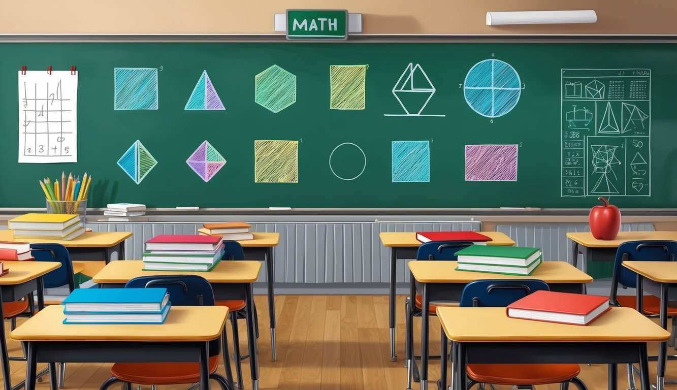 Tahta üzerinde matematik sembolleri, masalarda ders kitapları ve duvarlarda öğrencilerin geometrik şekillerin çizimleri bulunan bir sınıf