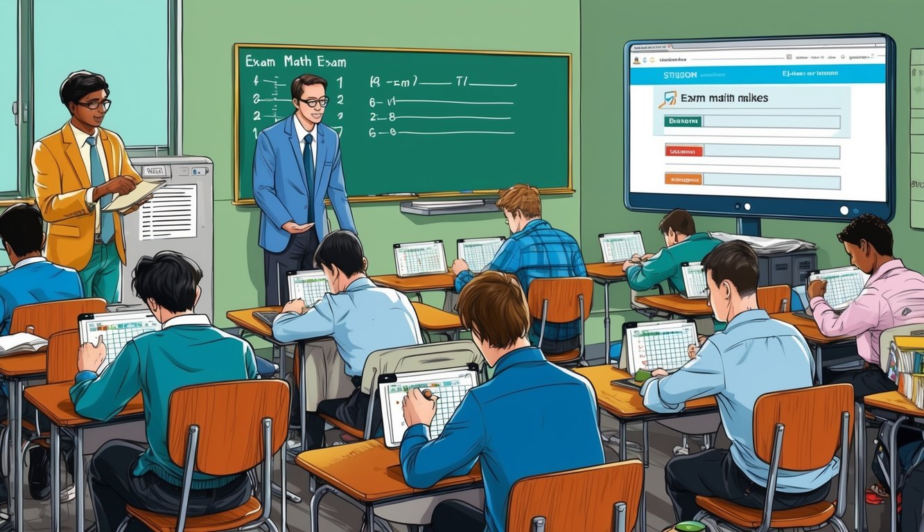 Bir matematik sınavı yapan öğrencilerin bulunduğu bir sınıf, öğretmenin gözlem yaptığı ve bir bilgisayar ekranında sınav sıralamalarının bulunduğu bir web sitesi.