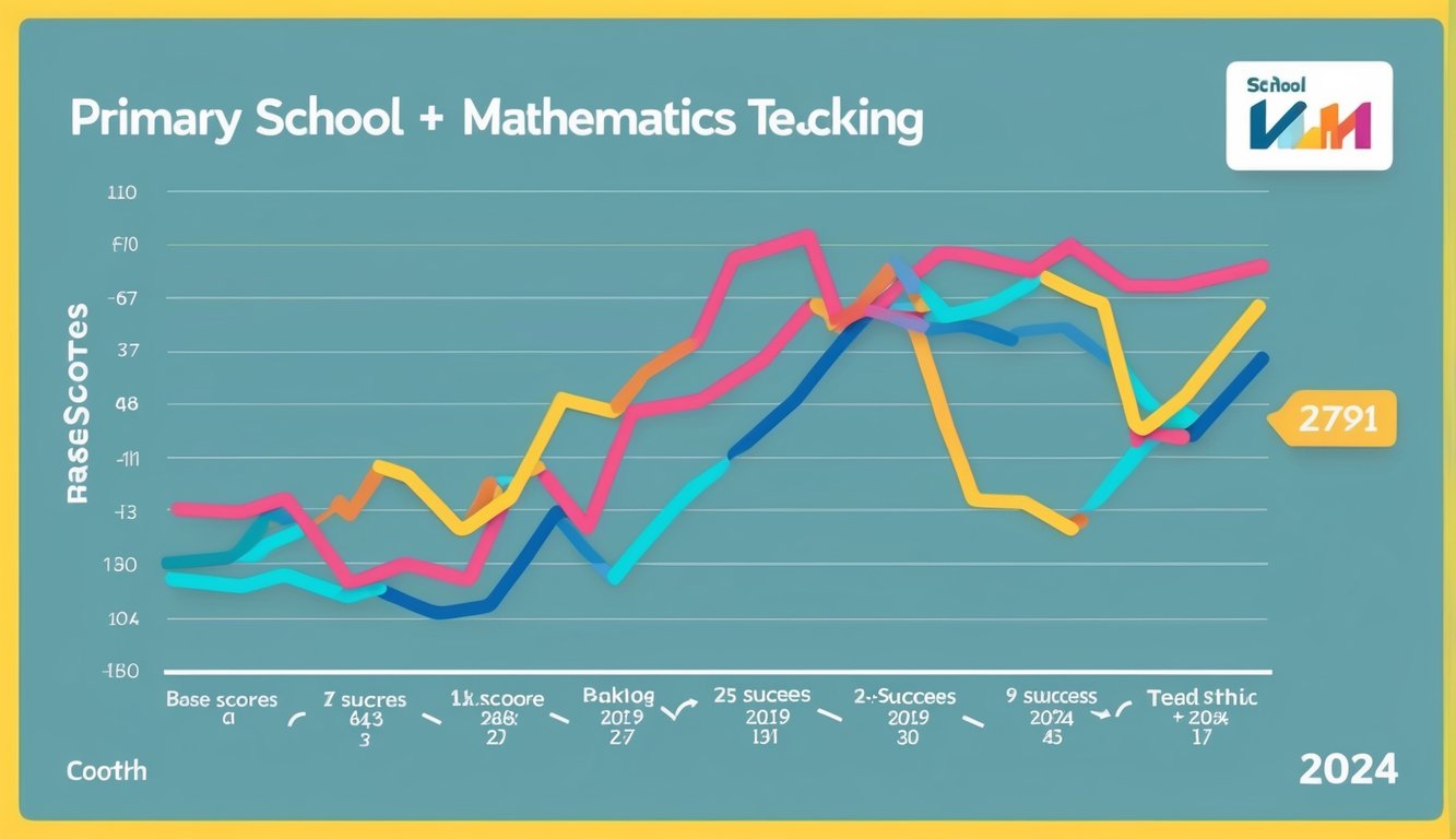 2024'te ilkokul matematik öğretimindeki temel puanlar ve başarı sıralamalarındaki değişiklikleri ve eğilimleri gösteren renkli bir çizgi grafiği