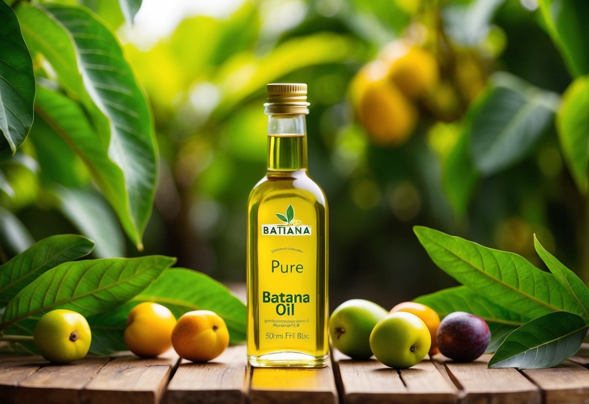 A glass bottle of pure batana oil sits on a wooden table surrounded by vibrant green leaves and colorful batana fruits