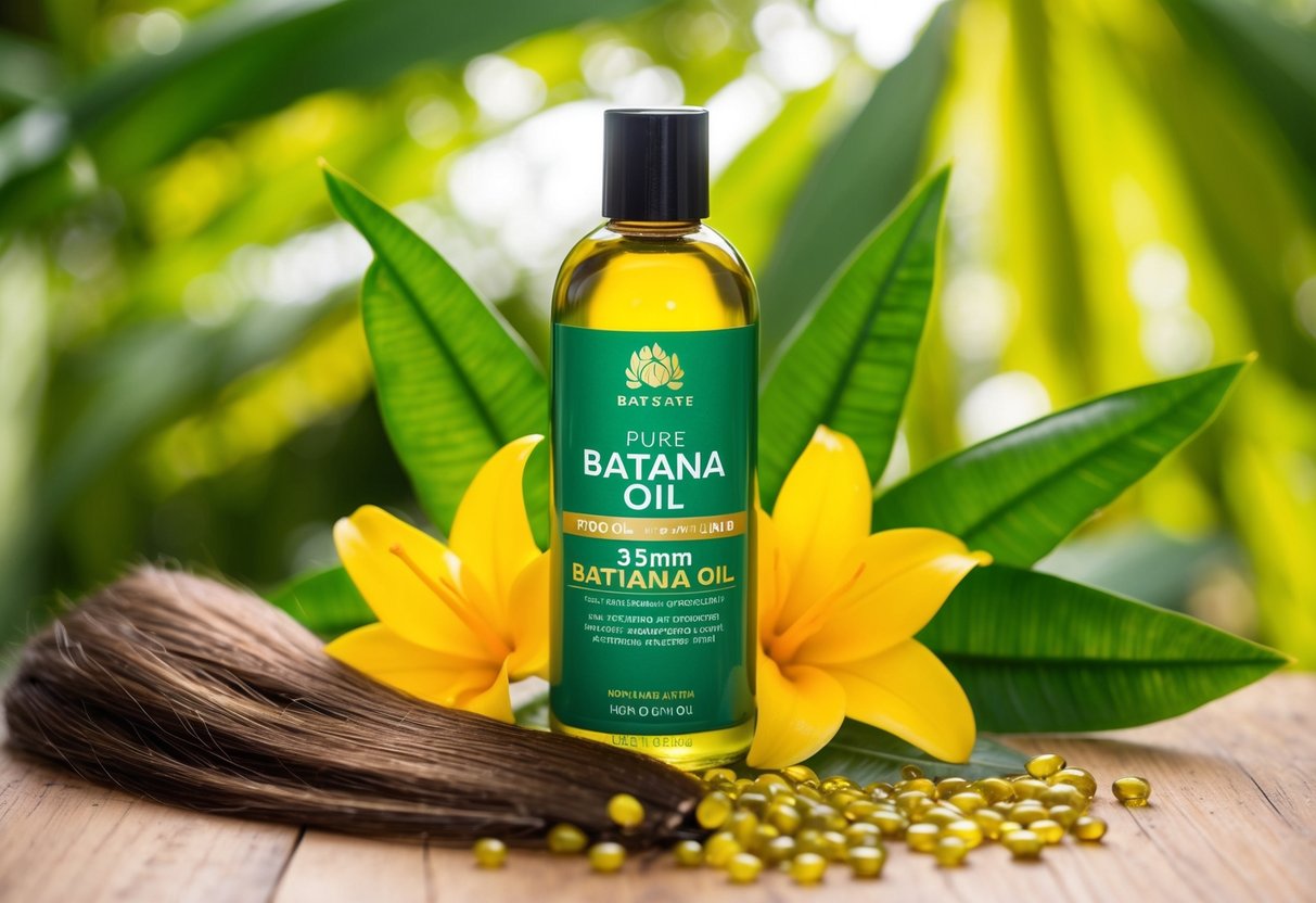 A bottle of pure batana oil surrounded by vibrant, healthy-looking hair strands and a lush tropical background