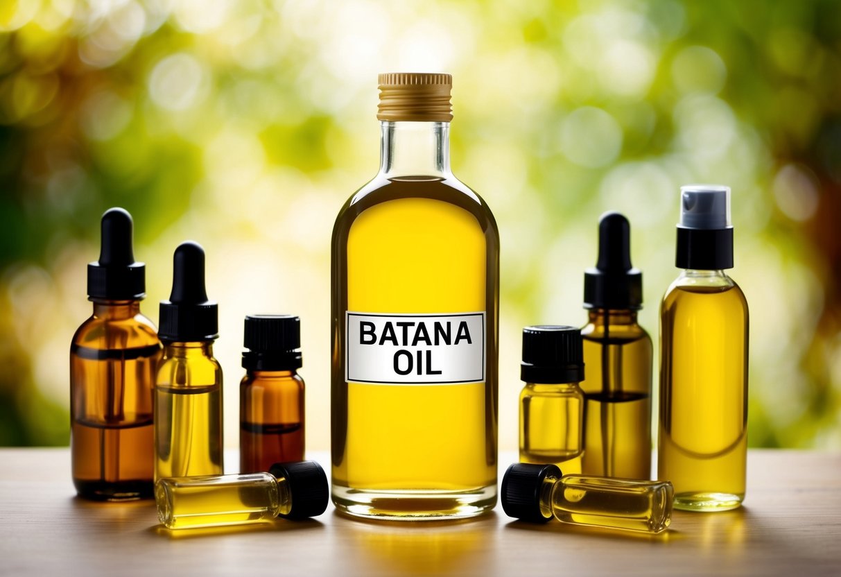 A bottle of pure batana oil surrounded by various other oils for comparison