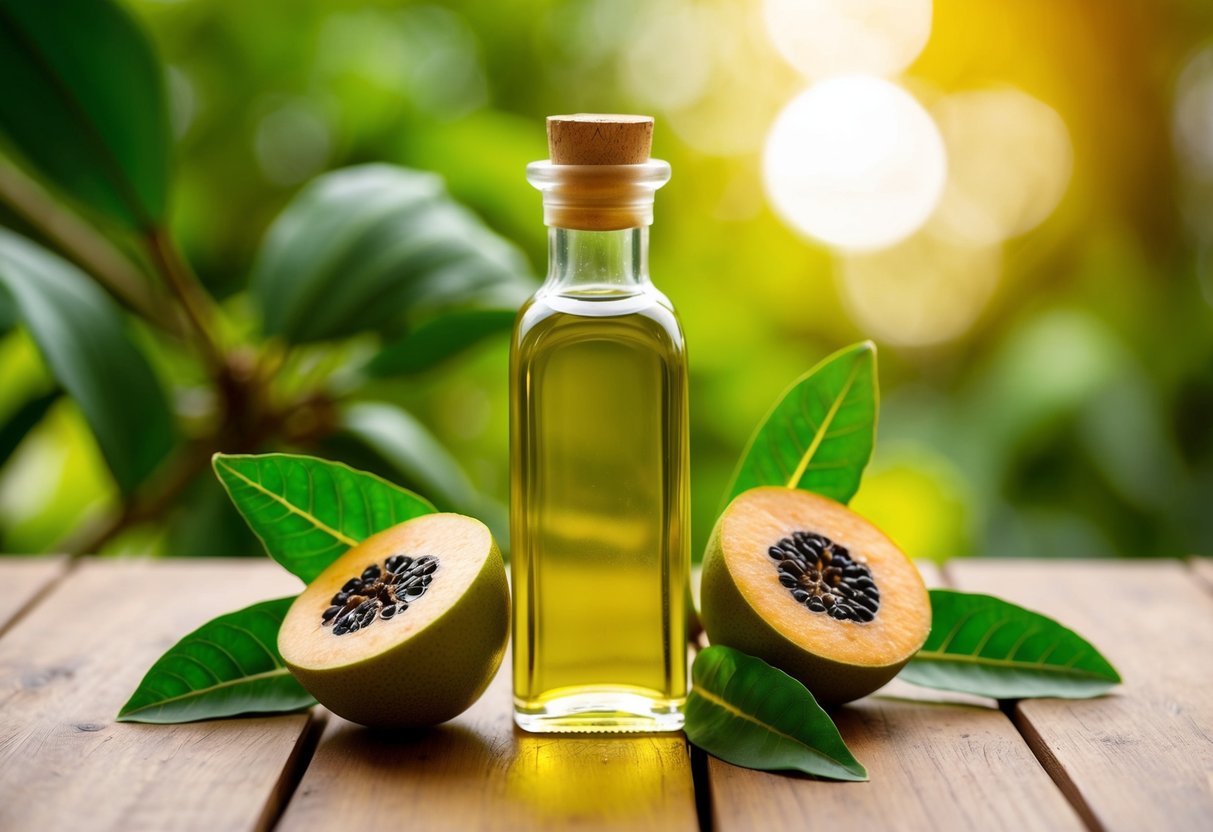 A glass bottle of raw batana oil surrounded by batana fruit and leaves on a wooden table