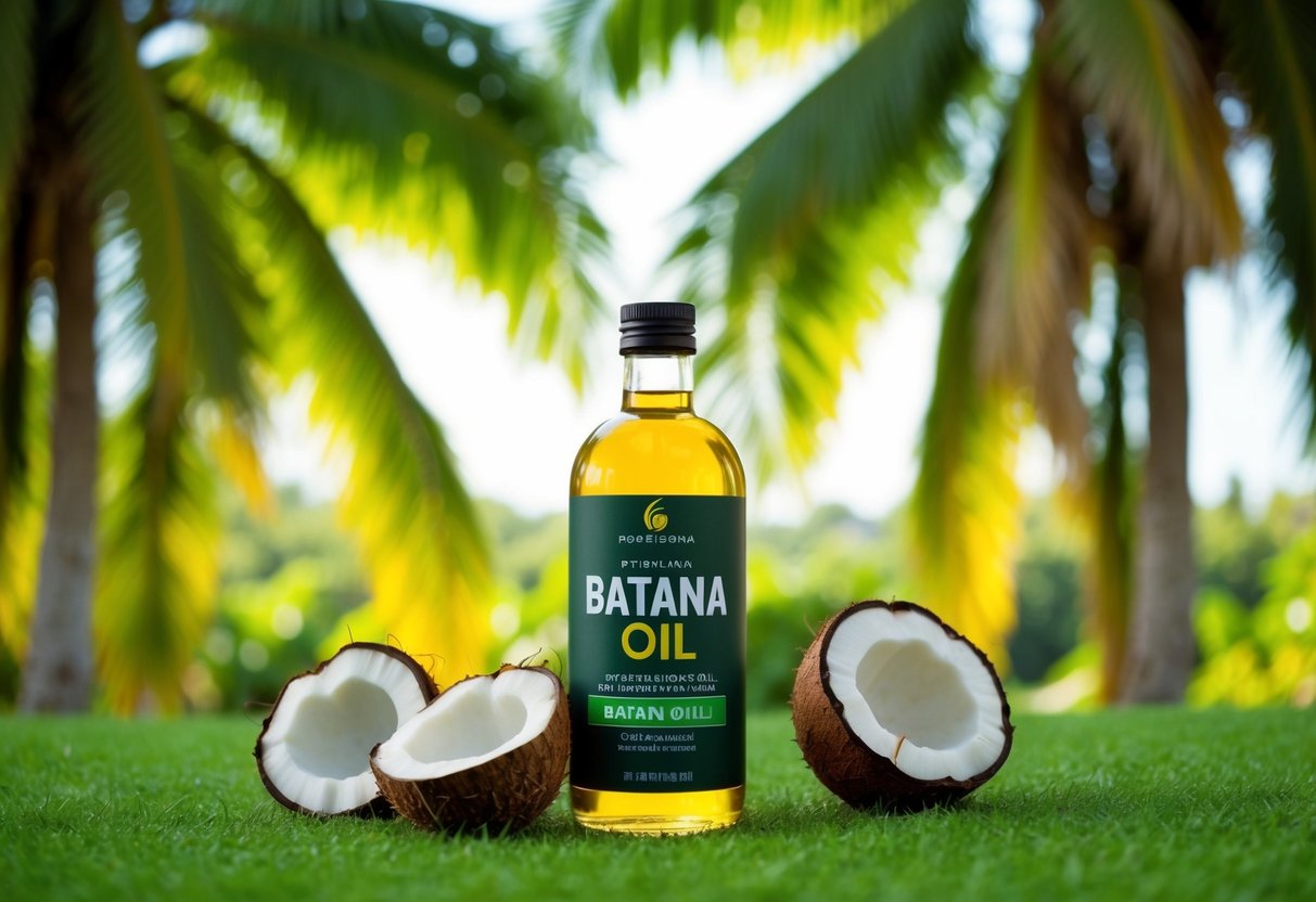 A bottle of raw batana oil surrounded by lush green palm trees and coconuts