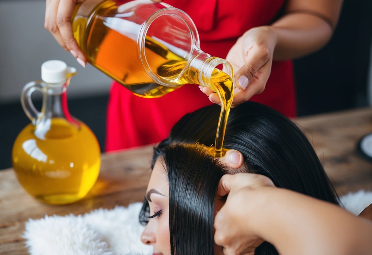 A woman pouring raw batana oil onto her hair