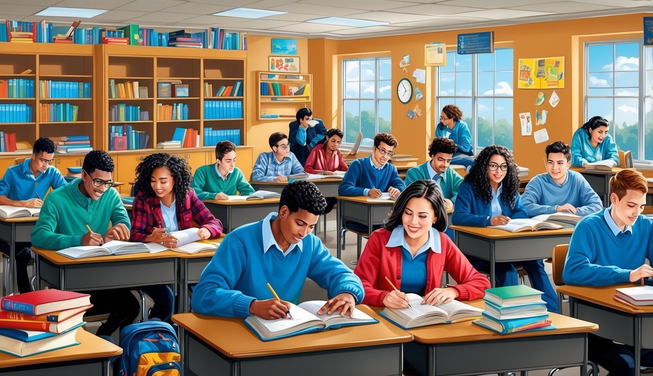 Öğrencilerin ders çalıştığı ve etkileşimde bulunduğu, kitaplar, masalar ve eğitim materyalleriyle çevrili hareketli bir sınıf.