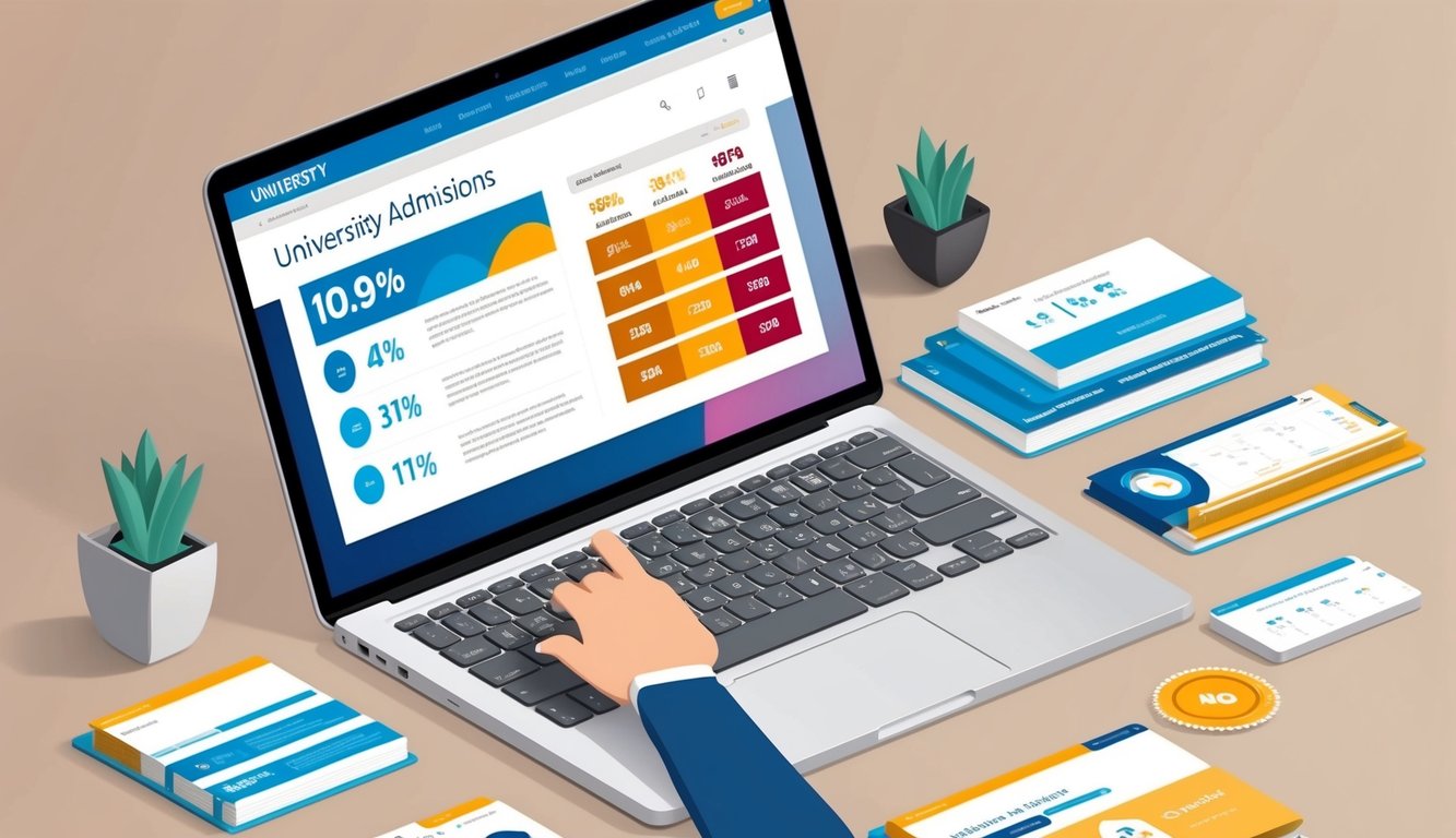 Üniversite kabulü için istatistikler ve sıralamalar gösteren bir web sitesine açık bir dizüstü bilgisayar, çeşitli sekmeler ve indirim teklifleri görünür durumda.