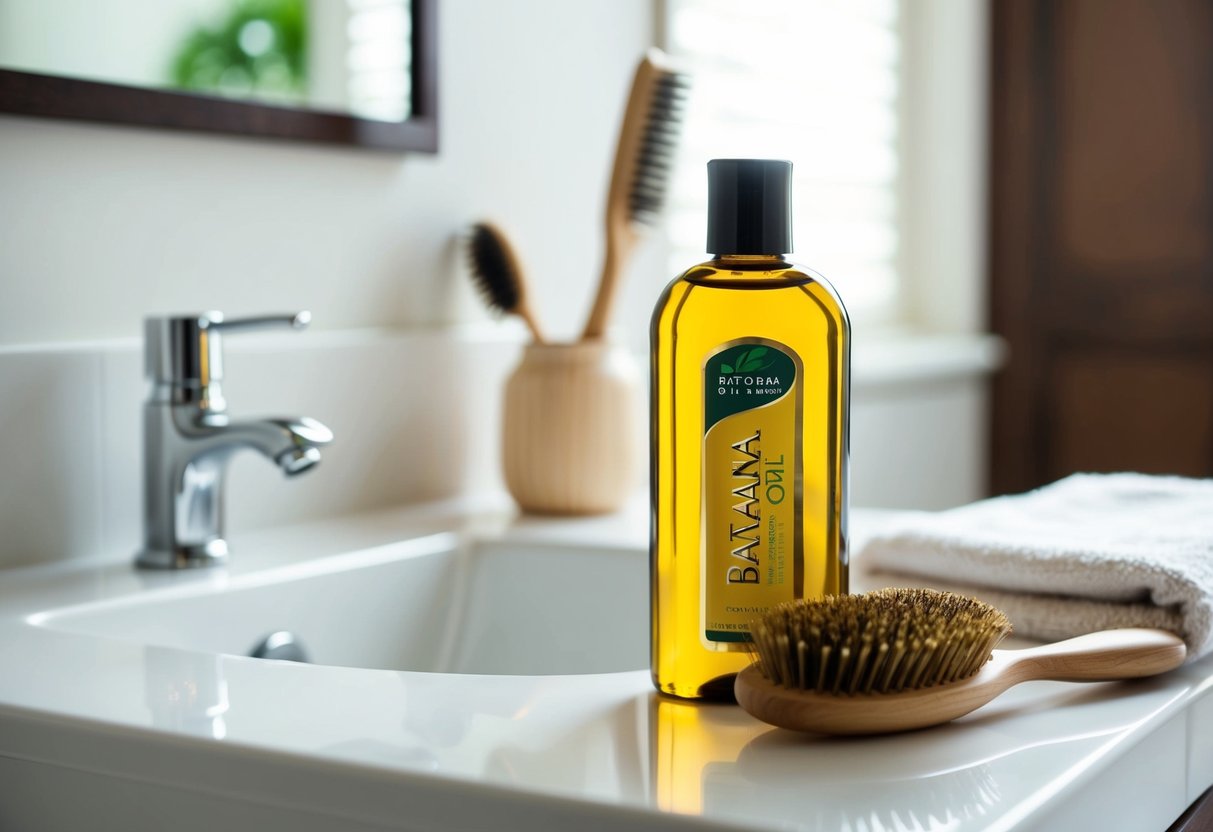 A bottle of batana oil placed next to a hairbrush and a towel on a bathroom countertop