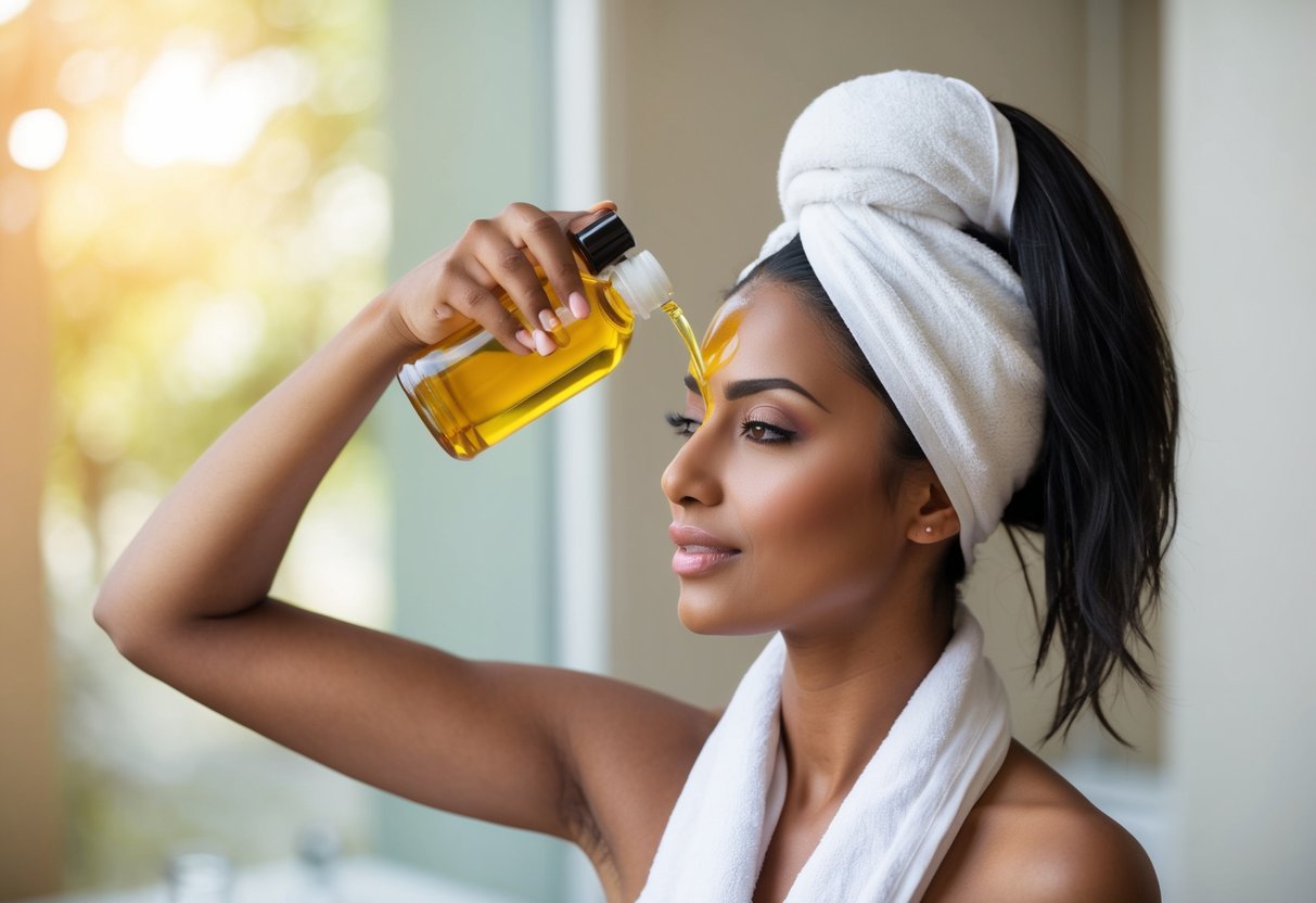 A woman pouring batana oil onto her hair, massaging it in, and then wrapping her hair in a towel before leaving it on for a period of time