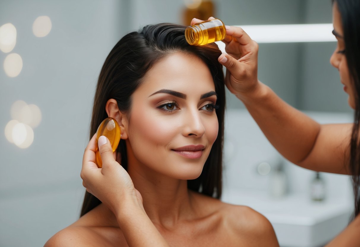 A woman applies batana oil to her hair, massaging it in gently