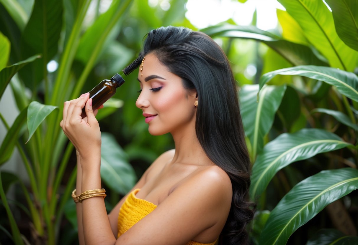 A woman applying batana oil to her hair, surrounded by lush greenery and exotic plants, with a serene and peaceful expression on her face