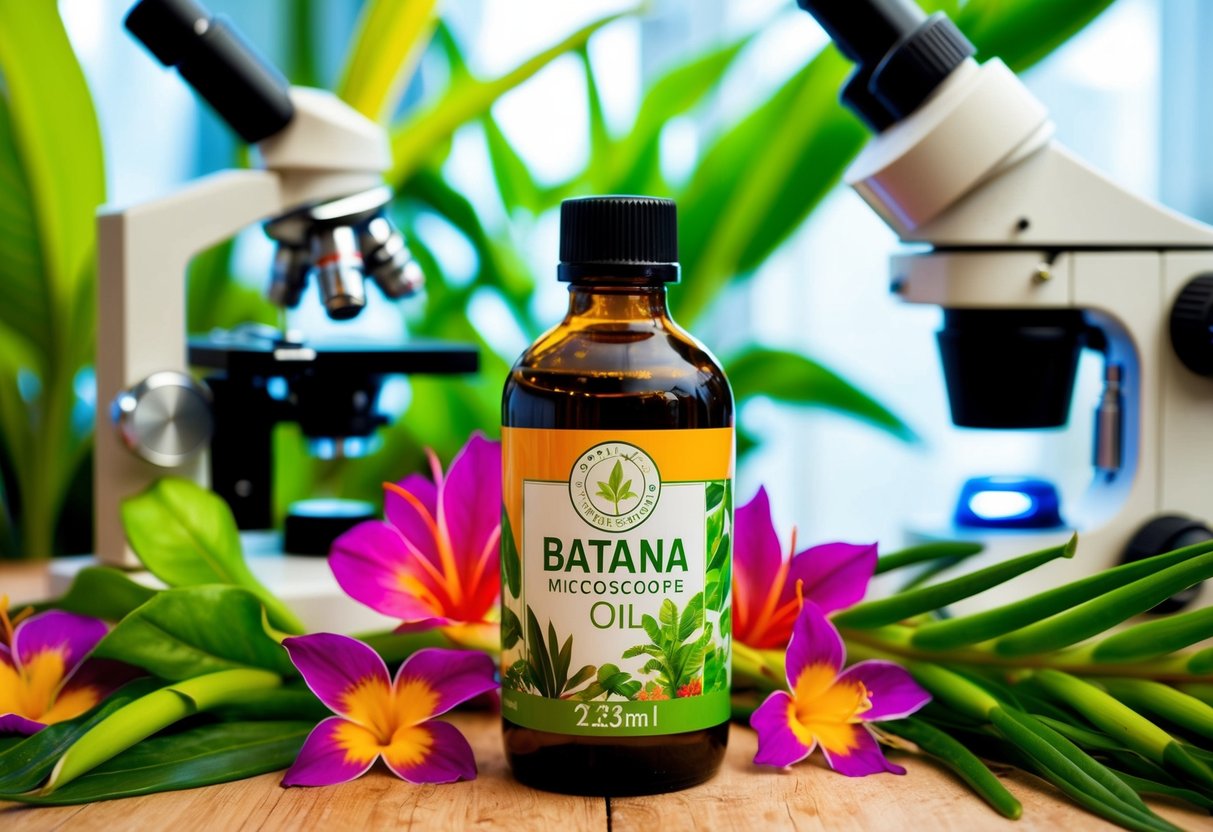 A bottle of batana oil surrounded by vibrant, tropical plants and flowers, with a microscope and scientific equipment in the background