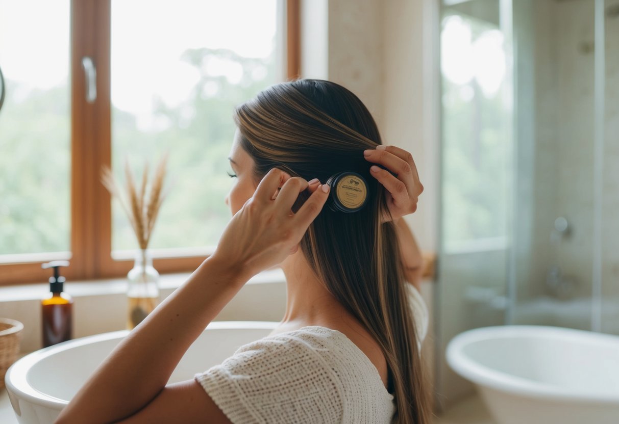 A woman applies batana oil to her hair, sitting in a cozy bathroom with natural light streaming in through the window