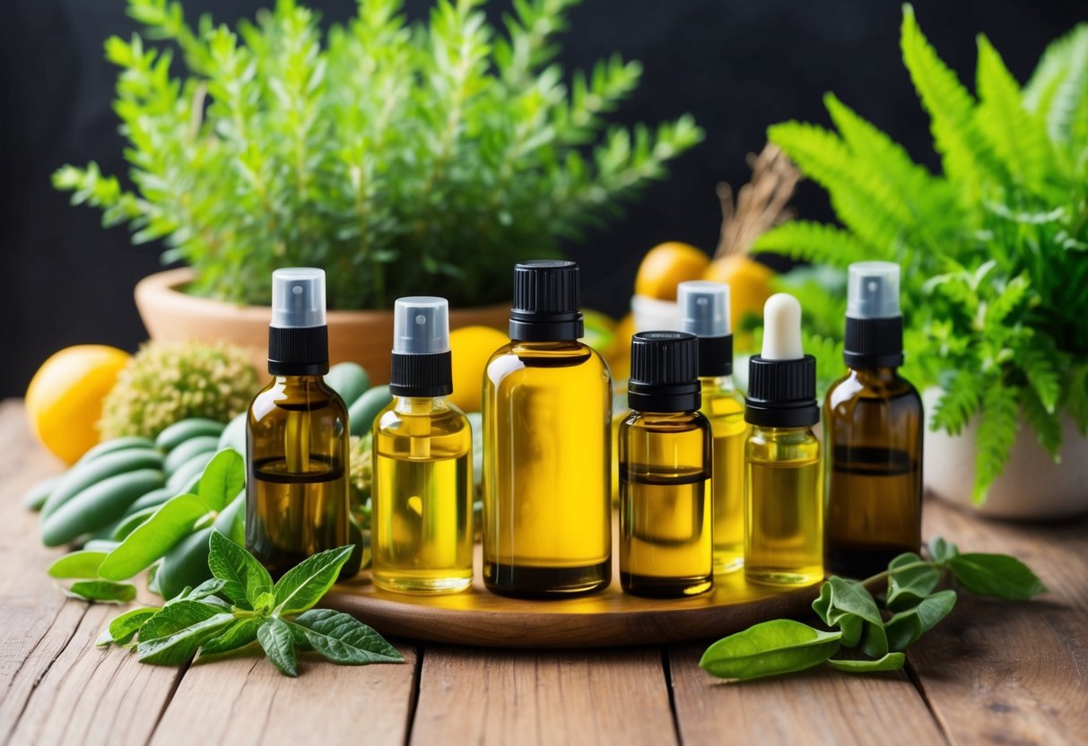 A variety of plant-based oils arranged on a wooden table, surrounded by greenery and natural elements