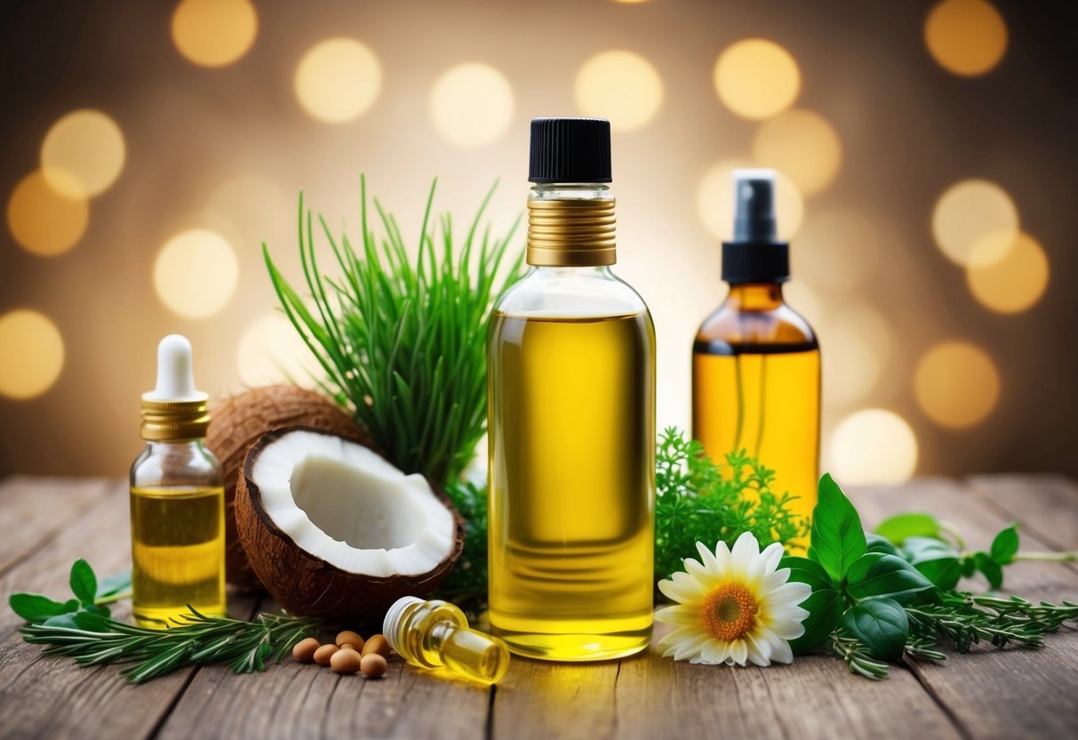 A bottle of natural hair growth oil surrounded by ingredients like coconut, argan, and castor oil, with green herbs and flowers