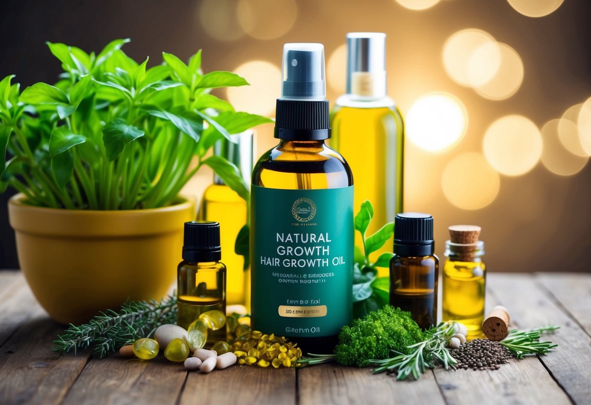 A bottle of natural hair growth oil surrounded by various botanical ingredients and a lush, healthy plant