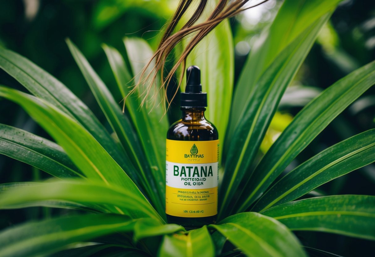 A bottle of batana oil surrounded by lush, green tropical foliage, with a few strands of hair visibly growing longer and thicker