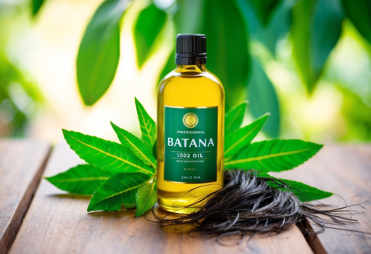 A bottle of batana oil sits on a wooden table, surrounded by vibrant green leaves and a few fallen strands of hair