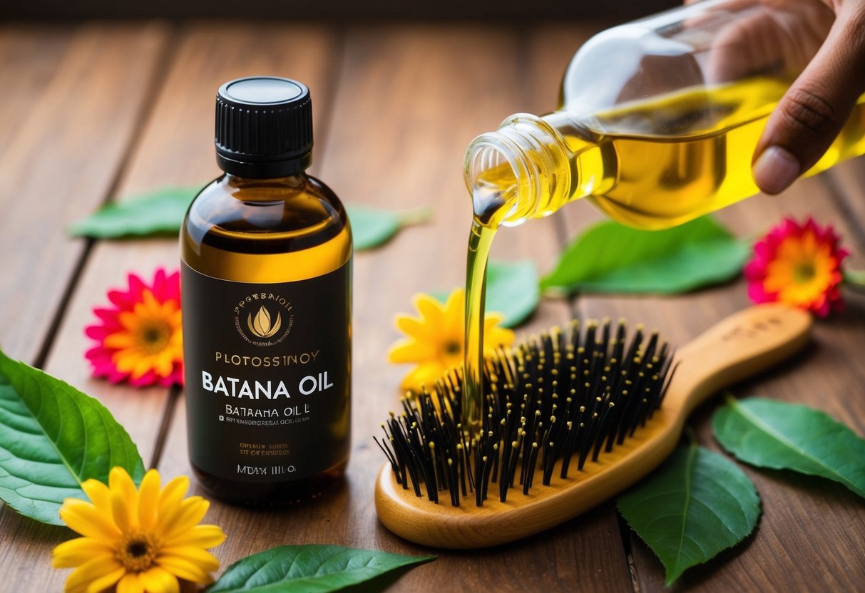 A bottle of batana oil sits on a wooden table, surrounded by colorful flowers and leaves. The oil is being poured onto a hairbrush, ready for use