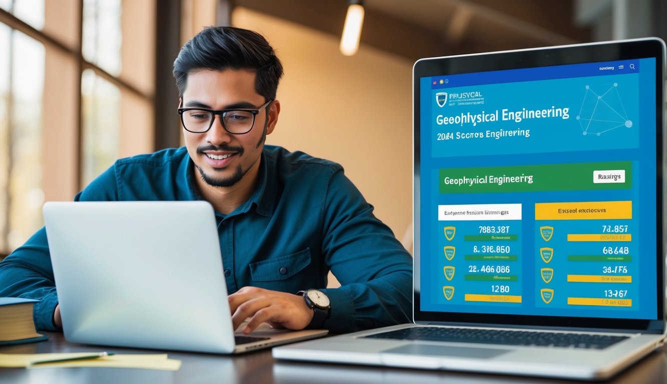 2024 temel puanları ve jeofizik mühendisliği için sıralamaları gösteren bir web sayfası ile bir dizüstü bilgisayar inceleyen jeofizik mühendisliği öğrencisi